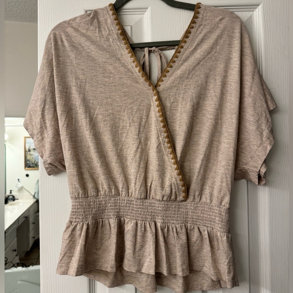 Hem & Thread Dolman Sleeve Tan Cream Wrap Blouse